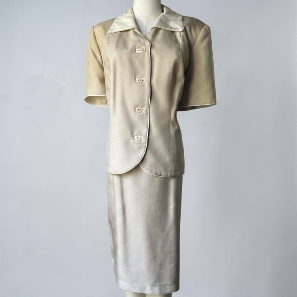 Vintage Helga Taupe Skirt Suit Ivory Satin Collar Raw Silk Look M